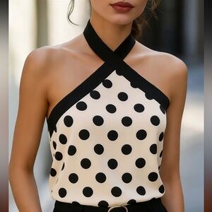 Beige and black polka dot halter top New